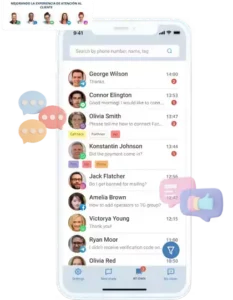 Bandeja unificada de Chat2Desk OnCloud en un smartphone con chats de WhatsApp, Instagram, Facebook y Telegram