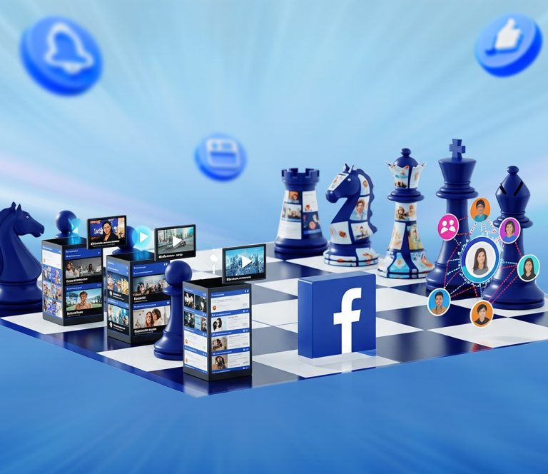 Gráfico sobre la estrategia para dominar el algoritmo de Facebook en 2025, mostrando el logo de Facebook en la pantalla de un celular.