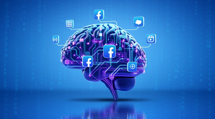 Ilustración de la inteligencia artificial del algoritmo de Facebook 2025, representado como un cerebro digital que procesa las señales de la plataforma.