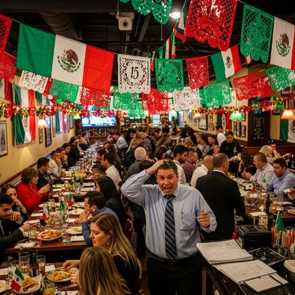 Gerente de restaurante visiblemente estresado y abrumado en un establecimiento lleno de gente celebrando el 15 de septiembre, destacando la necesidad de una comunicación omnicanal.