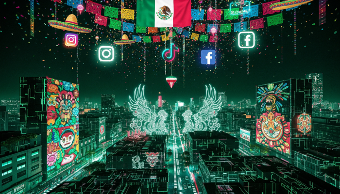 Una ciudad futurista con luces de neón verdes, decorada para una fiesta mexicana con la bandera de México, papel picado y logos de redes sociales como Instagram, TikTok y Facebook flotando en el aire.