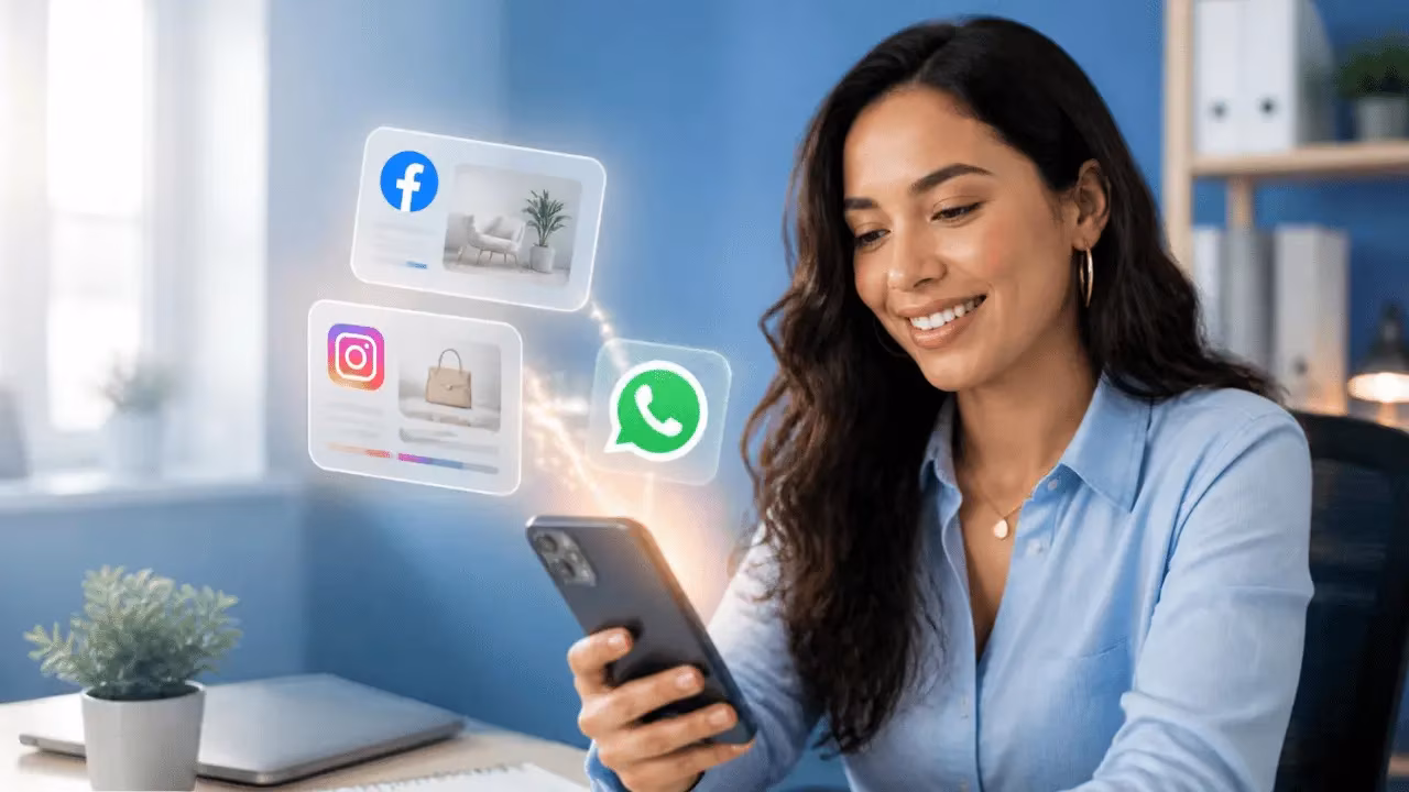 Mujer emprendedora revisando una campaña de marketing por WhatsApp en su celular